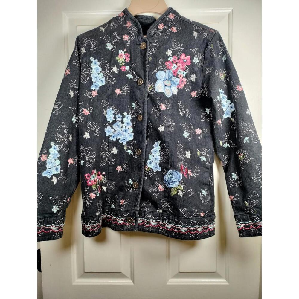 Blair & Co. Vintage Denim Art‎ Jacket Floral Embroidered Mandarin Collar Black M